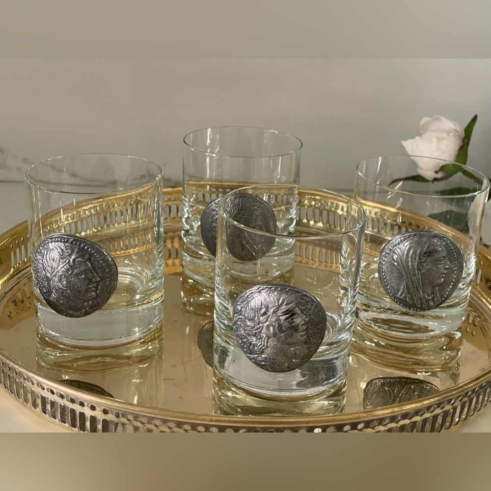 RASTAL Germany Crystal Whisky Glasses with Pewter Greek God Coin Decor